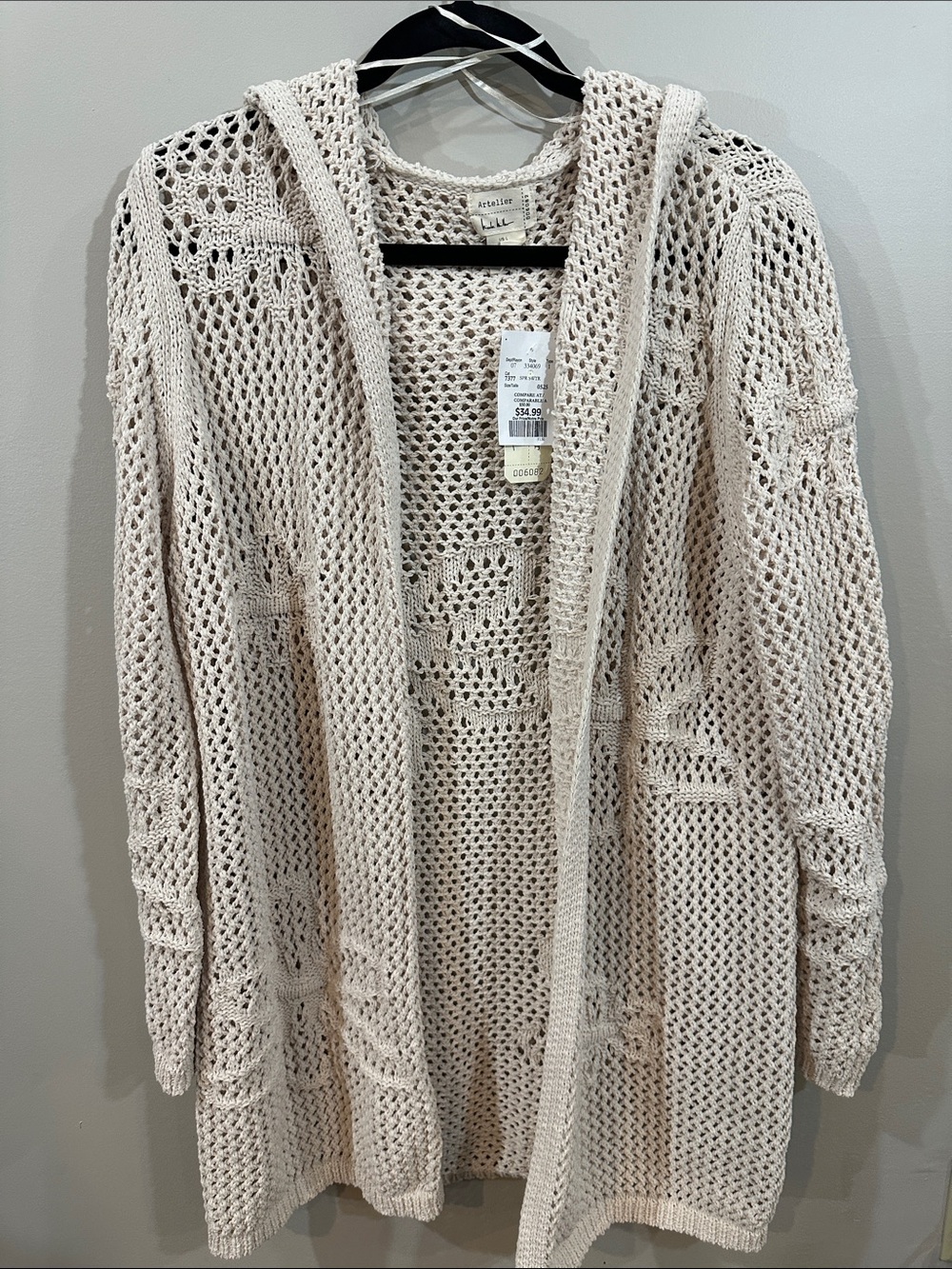 NWT Nicole Miller Open-Knit Hooded Cardigan - Cream